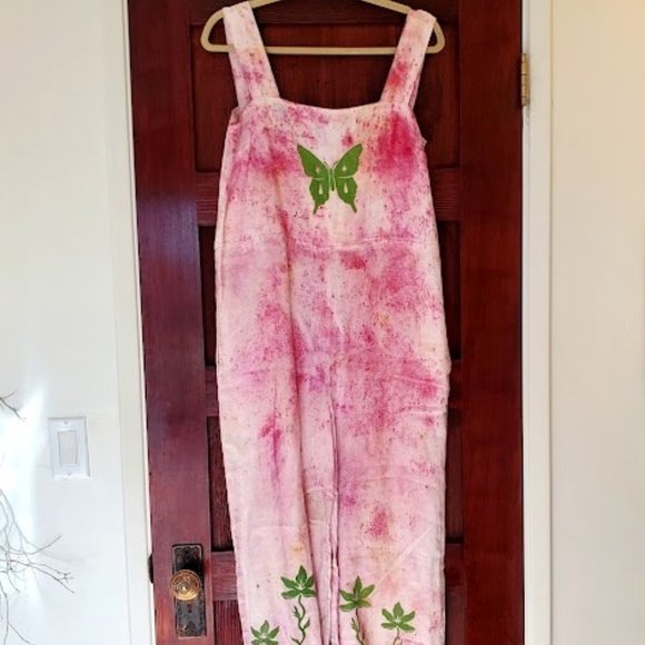 XS Pink/White Sister Nettle Botanically Dyed Butterfly & Flowers Linen Jumpsuit - Picture 1 of 6